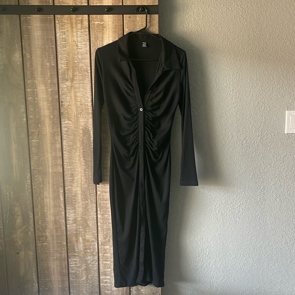 SHEIN, black midi, rouche, form fitted with stretch dress